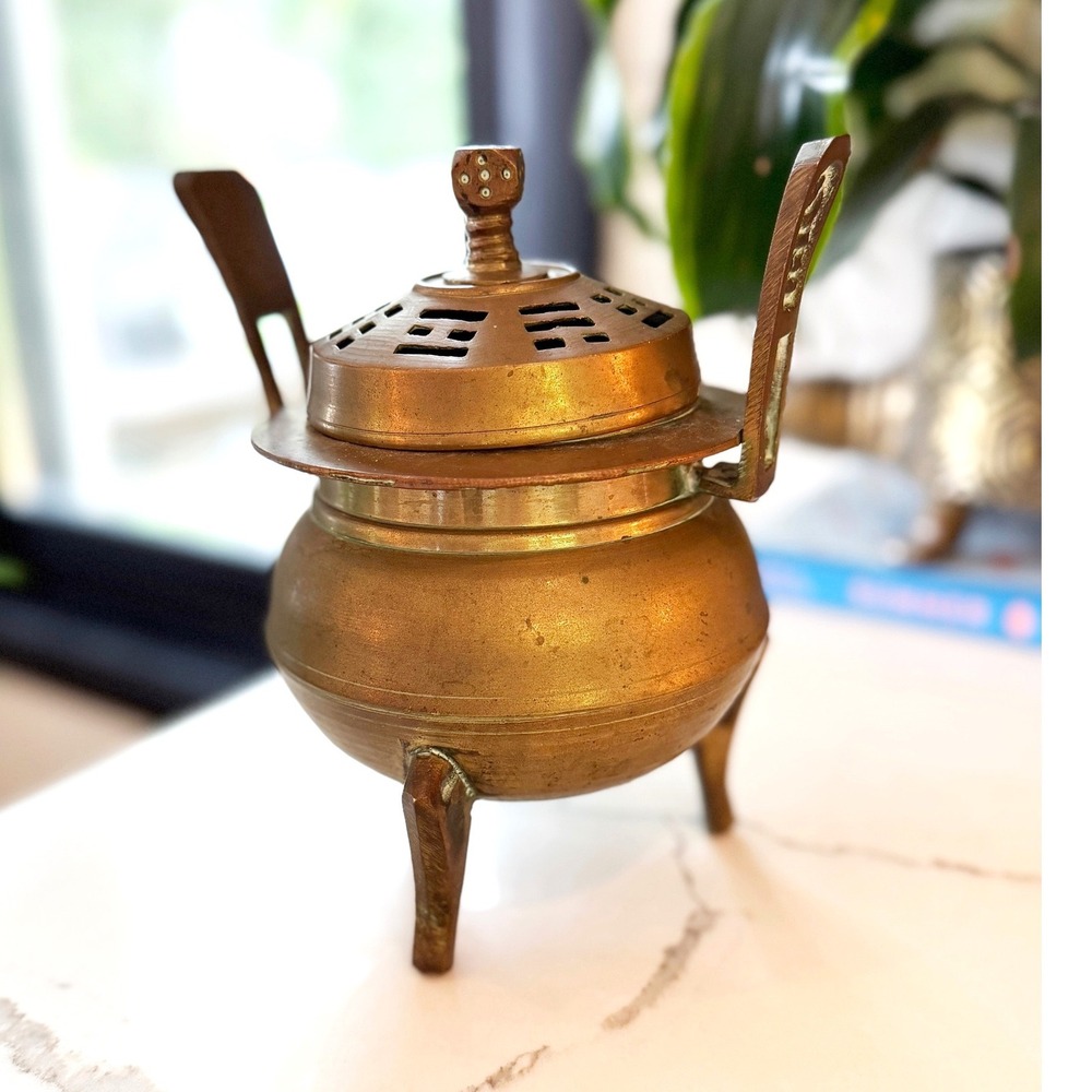 Antiqueโ Korean Brass Tripod Censer Shou Longevity Handles Dice Finial 20th C
